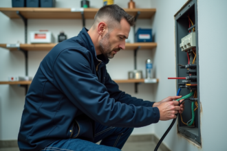 Électricien professionnel attachant un fil de terre dans un local moderne