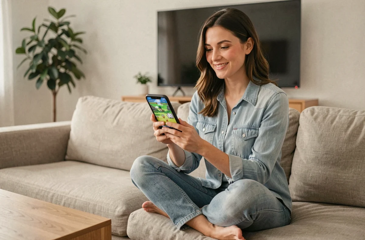 Femme jouant à un émulateur GBA Pokémon en français sur smartphone dans un salon moderne