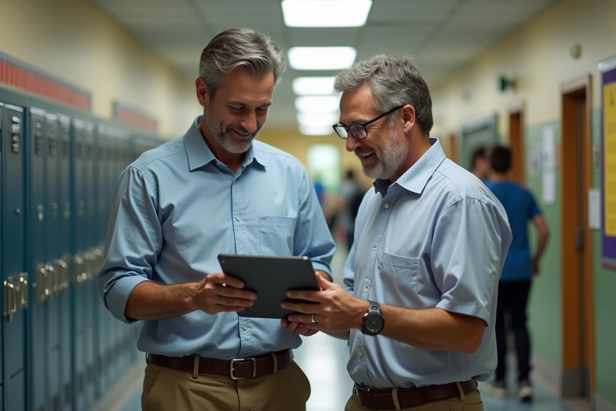 Deux enseignants discutant dans un couloir d
