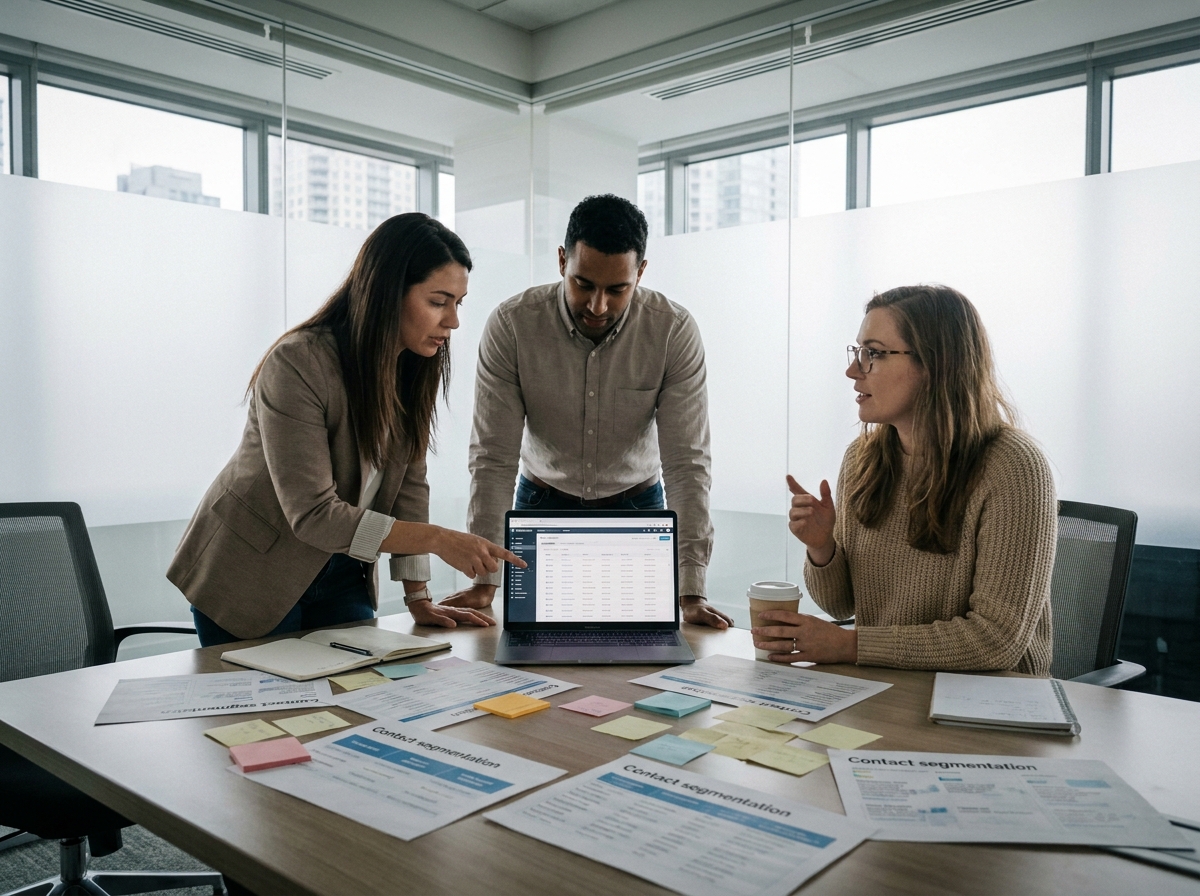 Équipe marketing collaborant autour d'un tableau de bord CRM pour segmenter et personnaliser des emails à grande échelle