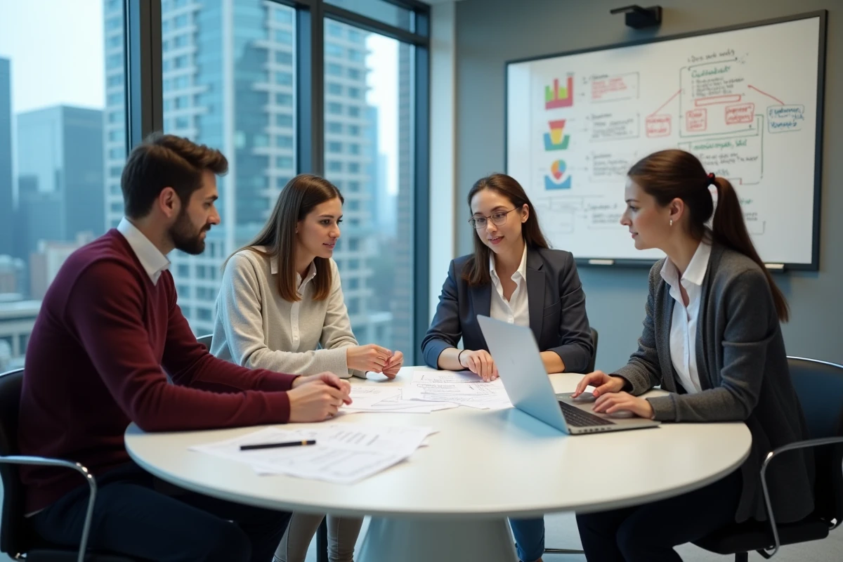 Équipe professionnelle en réunion analysant des solutions CRM et des outils de gestion de la relation client