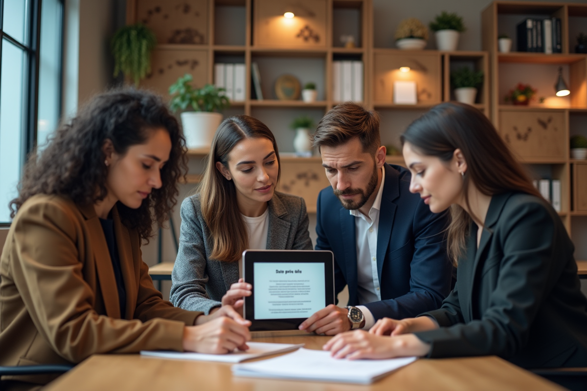 Groupe de collegues divers discutant d une politique de privacy sur une tablette
