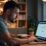 Homme frustré devant une page d'erreur de connexion à l'interface admin du routeur sur son ordinateur portable