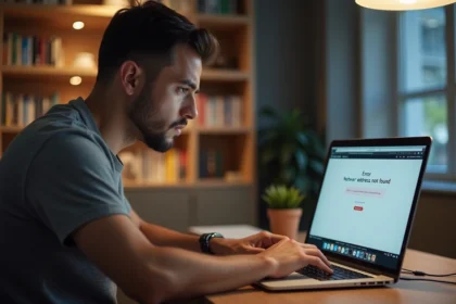 Homme frustré devant une page d'erreur de connexion à l'interface admin du routeur sur son ordinateur portable