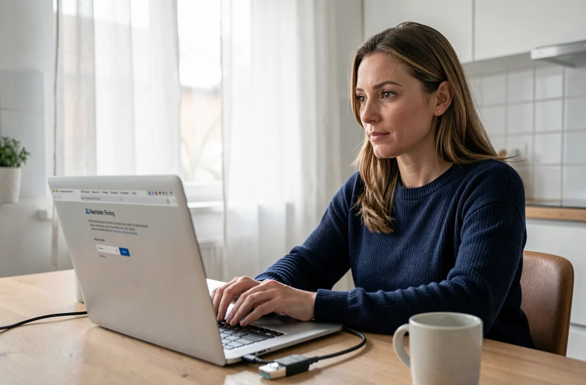 Femme face à un écran d'erreur internet sur son ordinateur portable avec un câble ethernet déconnecté sur la table
