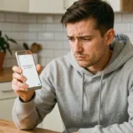 Homme frustré tenant un Samsung affichant une erreur réseau dans une cuisine moderne