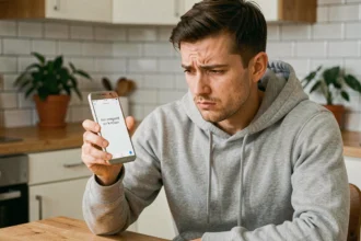 Homme frustré tenant un Samsung affichant une erreur réseau dans une cuisine moderne