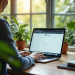 Personne utilisant un ordinateur dans un espace de travail écologique