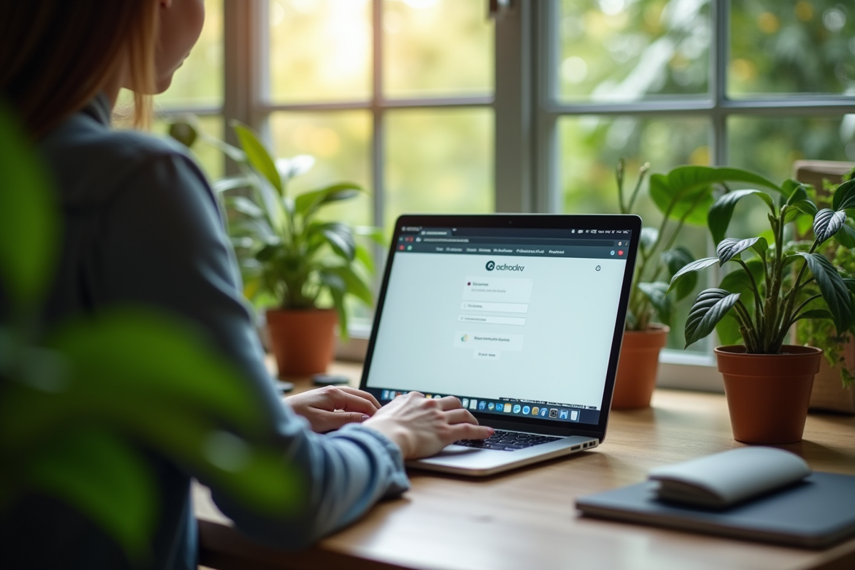 Personne utilisant un ordinateur dans un espace de travail écologique