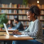 Étudiant assis à la bibliothèque universitaire concentré sur son ordinateur