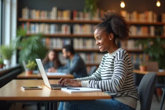 Étudiant assis à la bibliothèque universitaire concentré sur son ordinateur