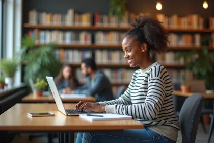 Étudiant assis à la bibliothèque universitaire concentré sur son ordinateur