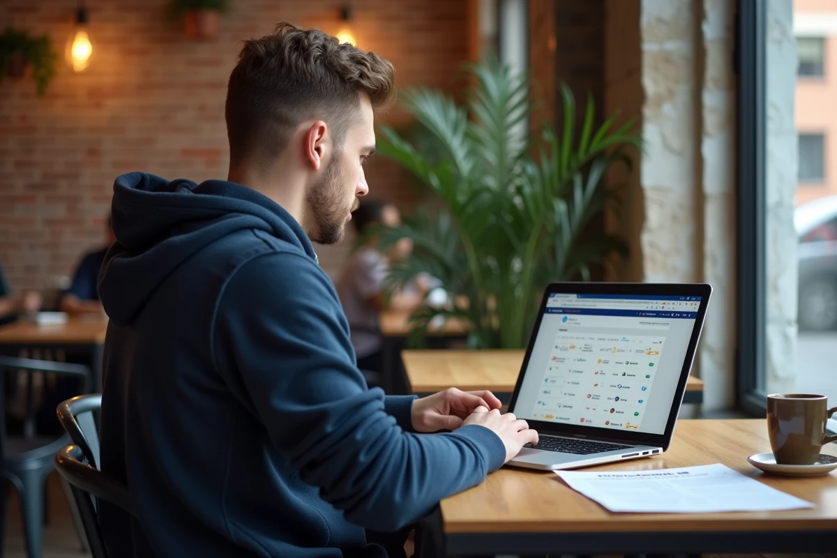Étudiant classant ses mails professionnels sur un laptop dans un espace de travail informel de type café universitaire