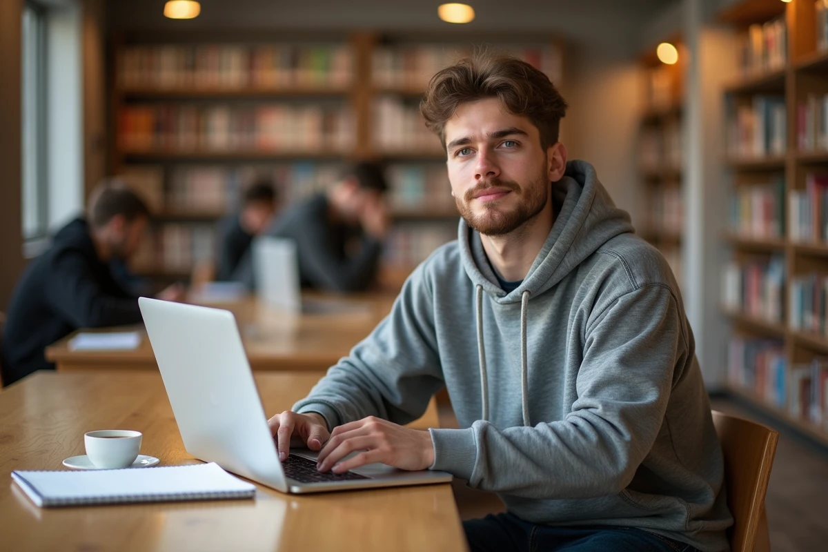 Étudiant consultant son webmail académique sur un ordinateur portable dans une bibliothèque universitaire