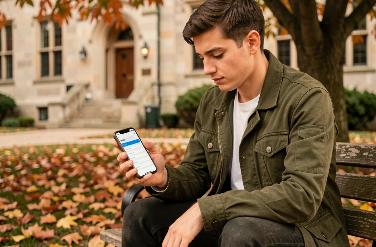 Étudiant consultant la configuration Zimbra sur son iPhone assis sur un banc de campus universitaire en automne