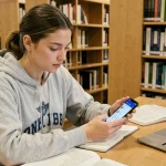 Étudiante configurant l'application email Zimbra sur un smartphone Android dans une bibliothèque universitaire