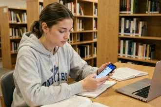 Étudiante configurant l'application email Zimbra sur un smartphone Android dans une bibliothèque universitaire