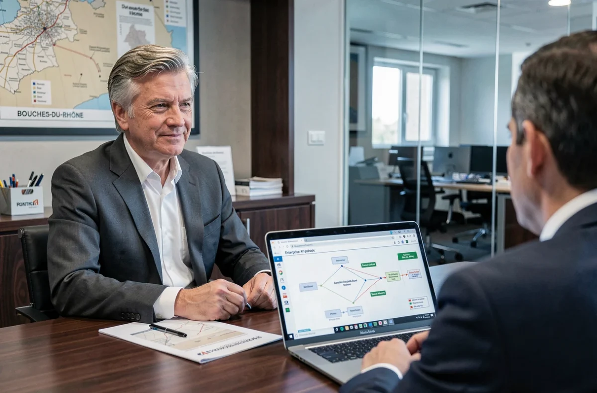 Consultant senior d'Euro Tech Conseil présentant un rapport d'audit et une architecture d'intégration IA à un client dans un bureau professionnel