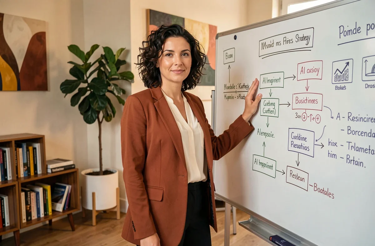 Consultante d'Evolia Stratégie présentant un cadre stratégique d'implémentation de l'IA sur un tableau blanc dans un bureau moderne