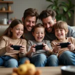 Famille jouant ensemble à la Nintendo Switch dans le salon