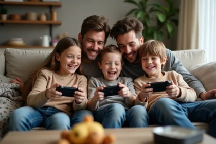 Famille jouant ensemble à la Nintendo Switch dans le salon