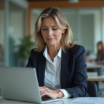 Femme d affaires au bureau examine un email