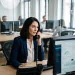 Femme d'affaires en bureau moderne utilisant un téléphone VoIP