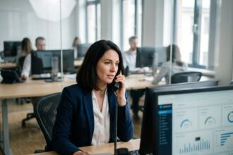Femme d'affaires en bureau moderne utilisant un téléphone VoIP