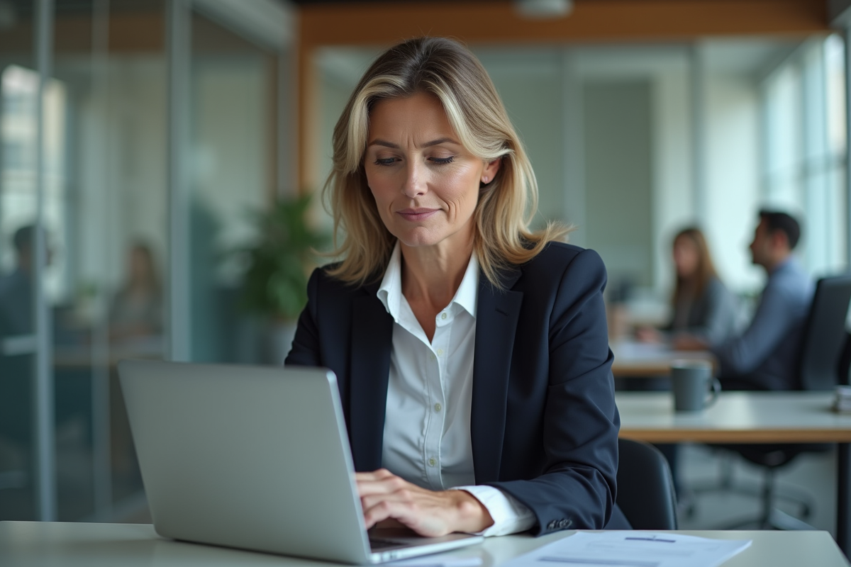 Femme d affaires au bureau examine un email