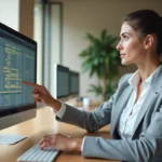 Femme professionnelle analysant un tableau Excel sur écran d'ordinateur pour supprimer des doublons
