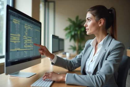Femme professionnelle analysant un tableau Excel sur écran d'ordinateur pour supprimer des doublons