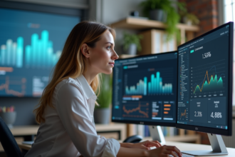 Femme professionnelle analysant des données sur un ordinateur