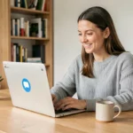 Femme utilisant Skype sur un ordinateur portable dans un bureau à domicile moderne