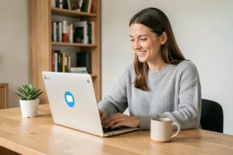 Femme utilisant Skype sur un ordinateur portable dans un bureau à domicile moderne