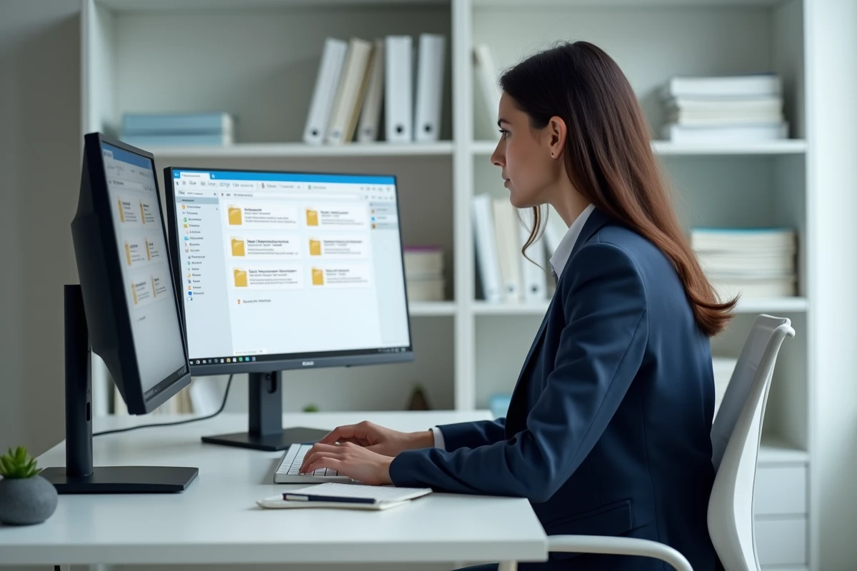 Femme classant et archivant des dossiers d'emails sur un double écran dans un bureau moderne et épuré