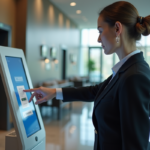 Femme d affaires authentifiant son identité au kiosque digital