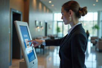 Femme d affaires authentifiant son identité au kiosque digital