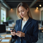 Femme professionnelle utilisant son empreinte sur smartphone
