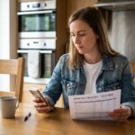 Jeune femme en denim et t-shirt blanc avec smartphone et budget