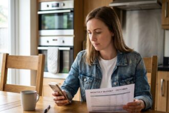 Jeune femme en denim et t-shirt blanc avec smartphone et budget