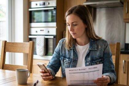 Jeune femme en denim et t-shirt blanc avec smartphone et budget