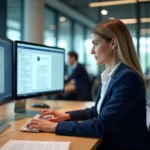 Femme professionnelle convertissant un PDF en document Word sur un double écran dans un bureau moderne en 2026