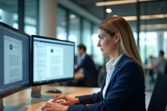 Femme professionnelle convertissant un PDF en document Word sur un double écran dans un bureau moderne en 2026