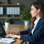 Femme professionnelle consultant un convertisseur Go Mo sur ordinateur portable dans un bureau moderne