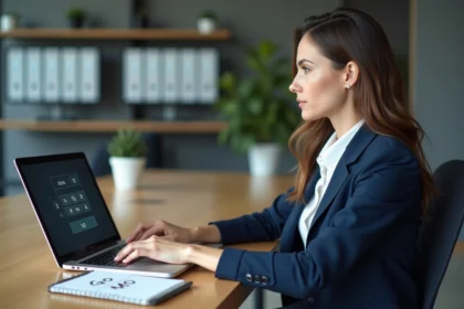 Femme professionnelle consultant un convertisseur Go Mo sur ordinateur portable dans un bureau moderne