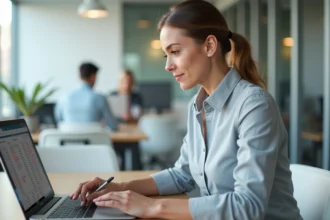 Femme concentrée devant un tableau Excel avec des formules de calcul d'âge incorrectes sur un écran d'ordinateur portable en bureau