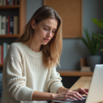 Femme concentrée travaillant sur son ordinateur dans un bureau cosy