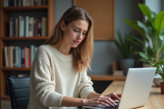 Femme concentrée travaillant sur son ordinateur dans un bureau cosy