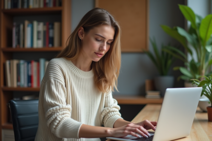 Femme concentrée travaillant sur son ordinateur dans un bureau cosy