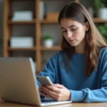 Jeune femme au bureau avec ordinateur et smartphone